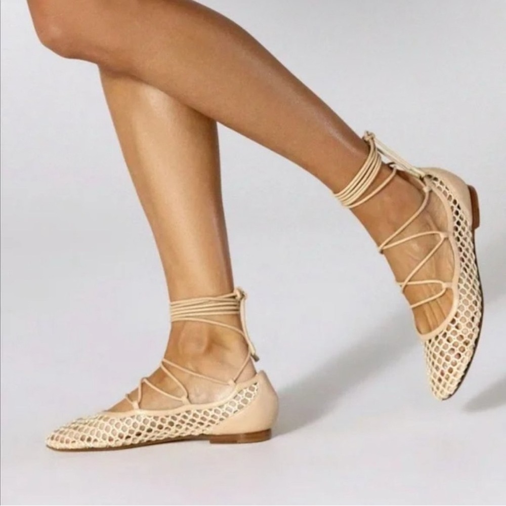 Tamara Mellon Next Step Woven Ankle Wrap Ballet Flats in Natural, EU 40 (US 10)